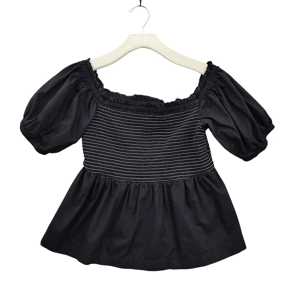 Old Navy Womens Cottagecore Peasant Smocked Puff Sleeve Peplum Top L Black